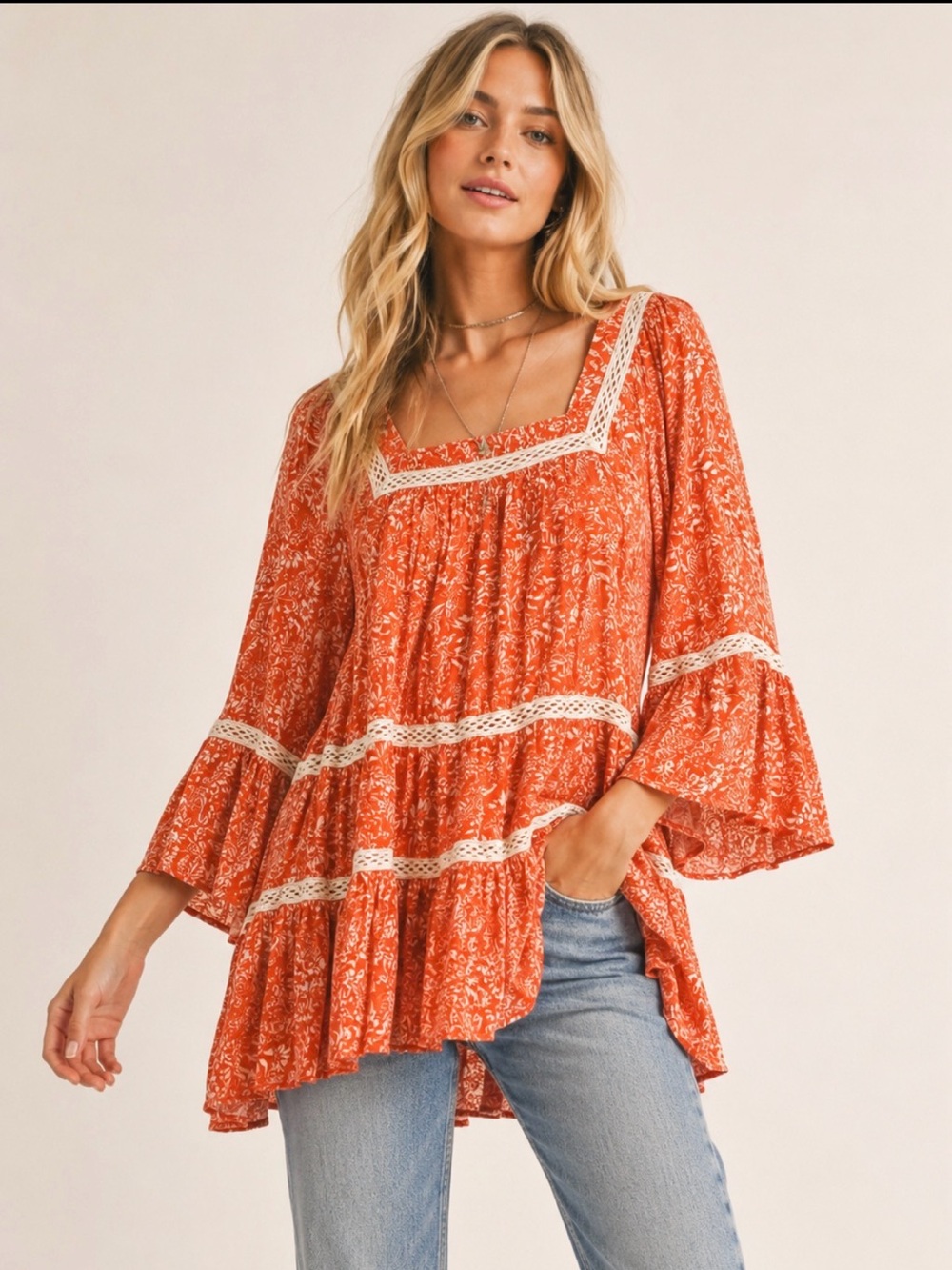 Free People Talk About It Orange Floral Crochet Boho Tunic Top L